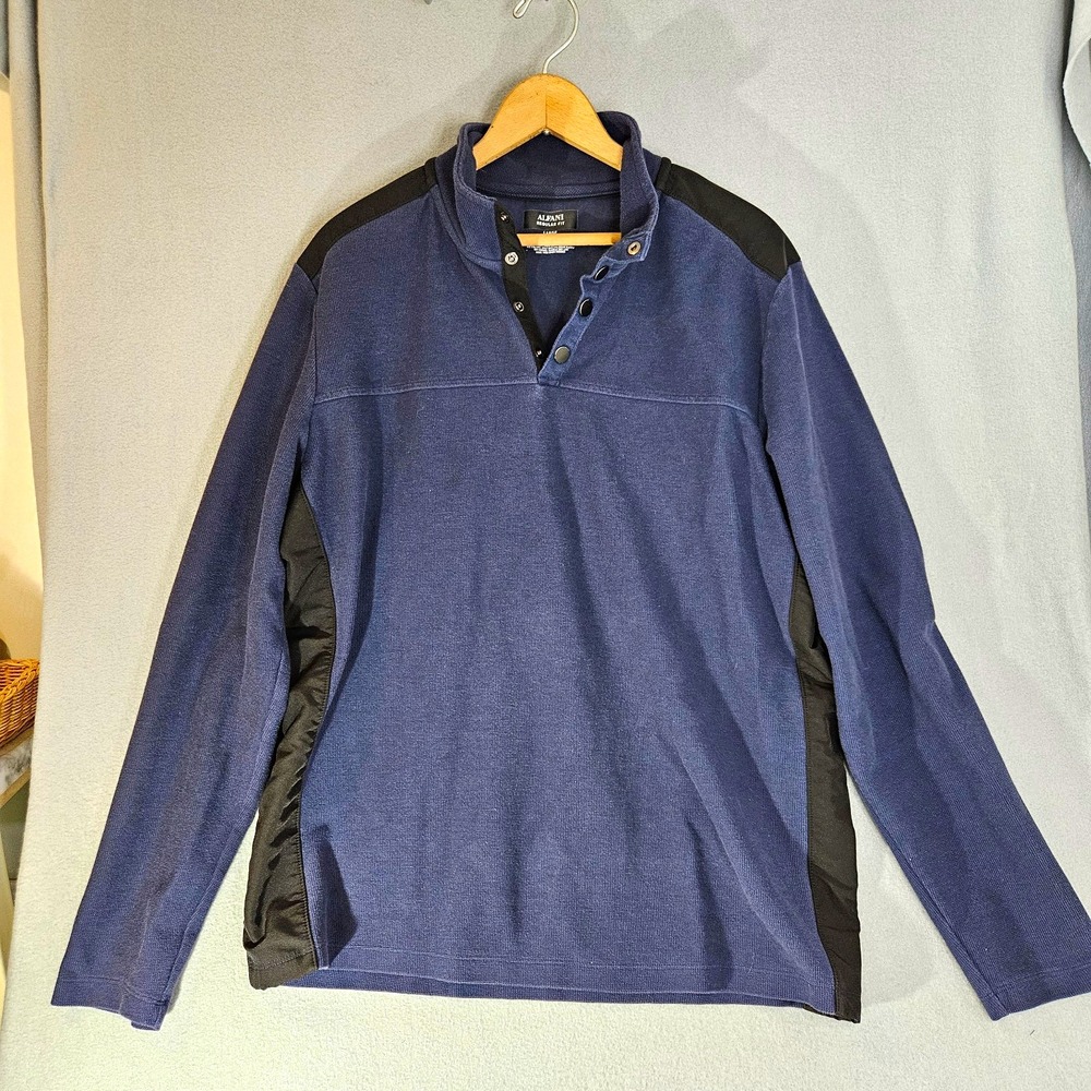 Alfani Gorpcore Colorblock Pullover Blue Black Knit Quarter Snap Mock Neck L EUC